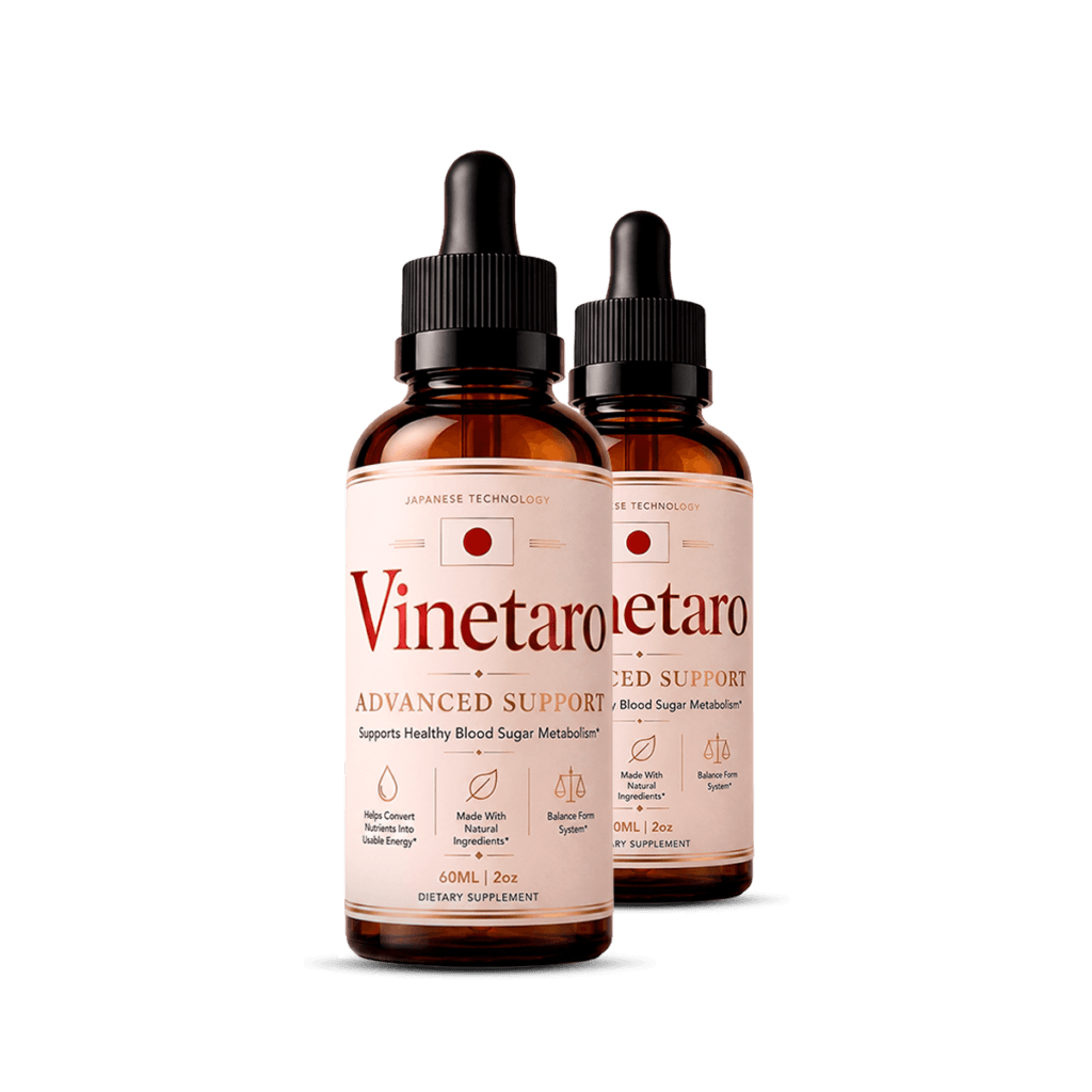 two amber glass dropper bottles of Vinetaro liquid supplement with cream burgundy label, standing si